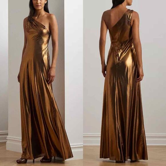 Lauren Ralph Lauren Metallic Chiffon One Shoulder Gown Party Size US 10 - Picture 14 of 14